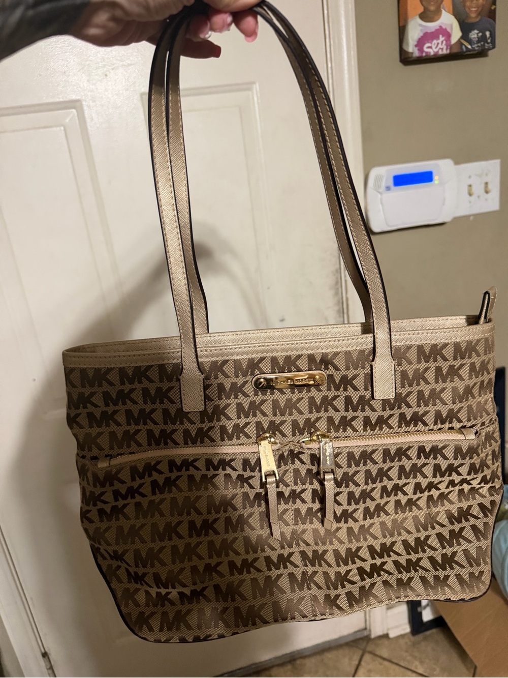 Michael Kors Brown Tan MK Monogram Tote with Gold Hardware